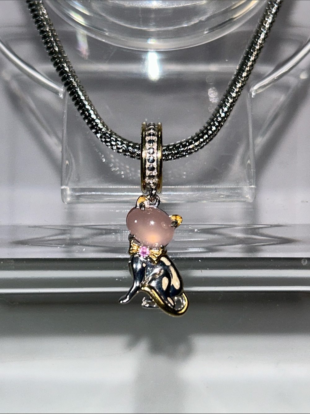 NWOT Gems En Vogue Palladium 18k Accent Genuine Rose Quartz Euro Cat Charm